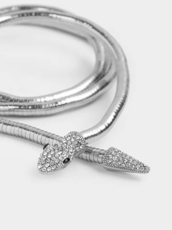 Алқа, 90 см, металл/страздар, күміс, Жылан, Jewelry snake, image-1