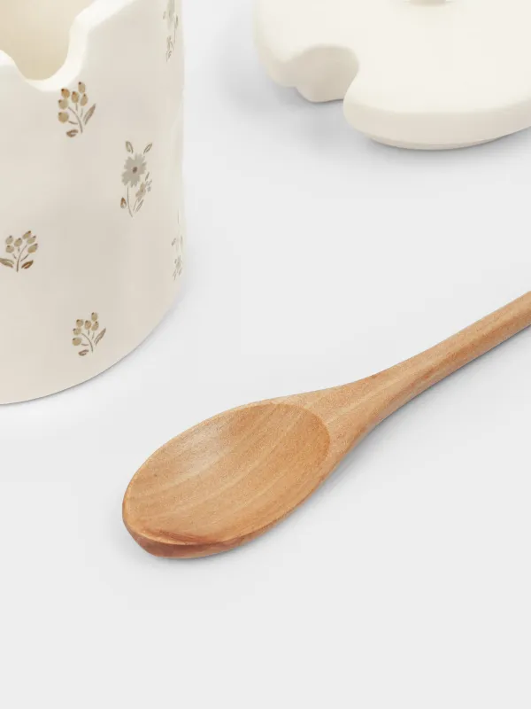Сахарница, 12 см, 370 мл, с ложкой, керамика D/дерево, молочная, Винтажные цветы, La flore, image-2