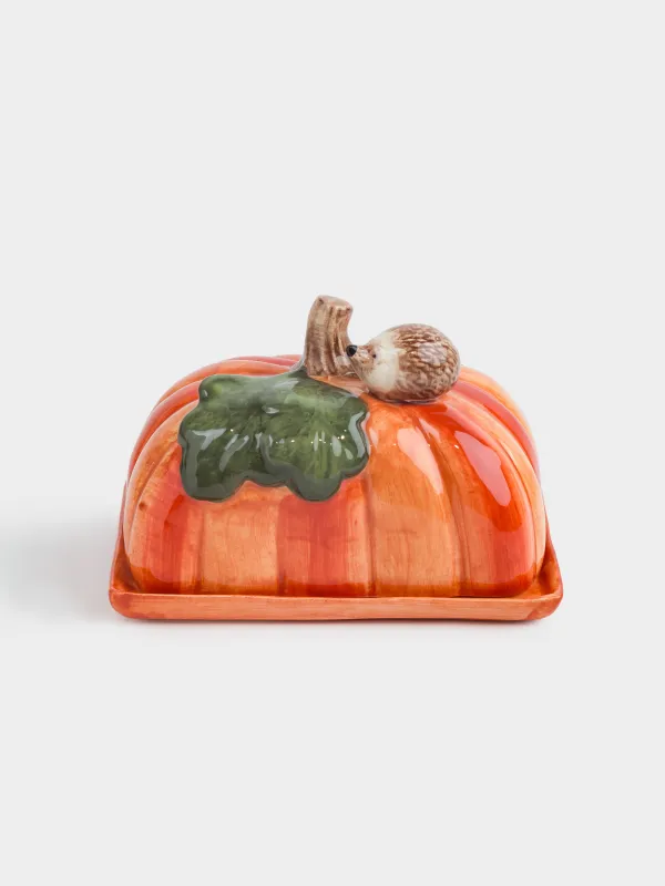 Сары май ыдысы, 15 см, керамика, тікбұрышты, қызғылт сары, Асқабақтағы кірпі, Forest symphony, image-0