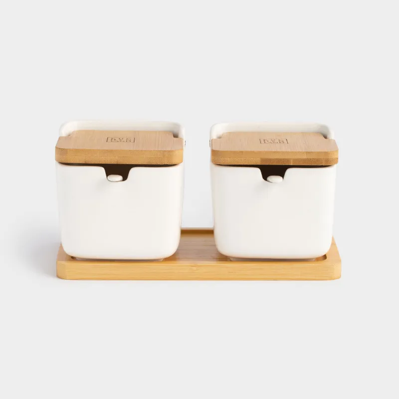 Сусымалы өнімдерге арналған банкіі, 250 мл, 2 дана, стендте, қасықпен, керамика/бамбук, Keep