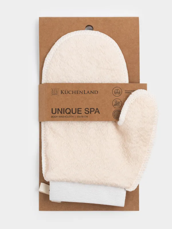 Мочалка-варежка для мытья тела, 21х17 см, отшелушивающая, полиэстер/нейлон, белая, Unique spa, image-5