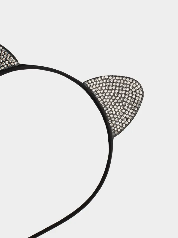 Карнавал тоғыншағы, 12х14 см, балаларға арналған, полиэстер/металл/страздар, қара, Мысық құлақтары, Cat, image-2