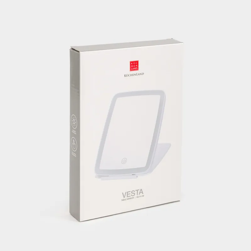 Зеркало настольное, 17х13/15x11 см, с подсветкой, складное, пластик, белое, Vesta, image-6