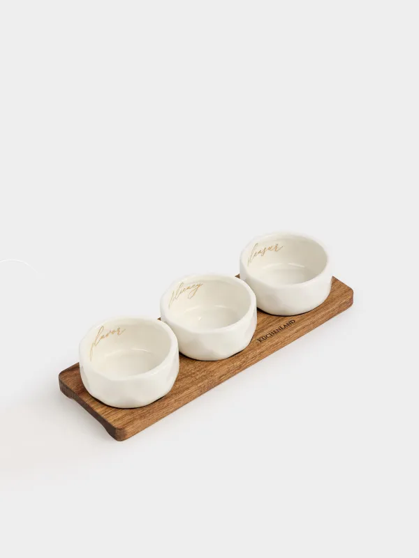 Набор для закусок, 3 пр, на подставке, керамика D/дерево, молочный, Мятый эффект, Crumple kitchen, image-0