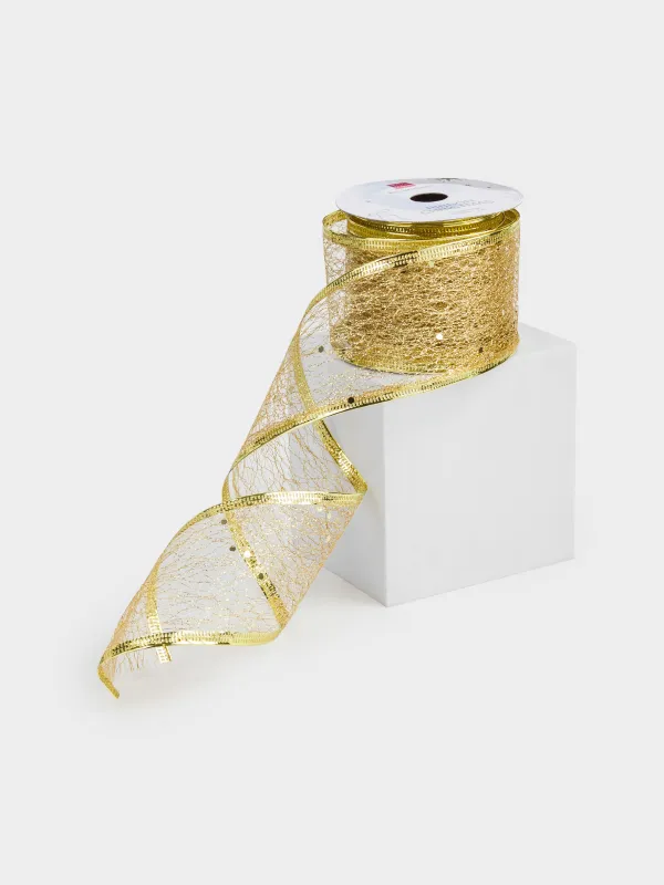 Сәндік таспа, 5 м, иілімді, полиэстер, шампан, Жылтырақтары бар өрмекші торы, Ribbon christmas, image-1