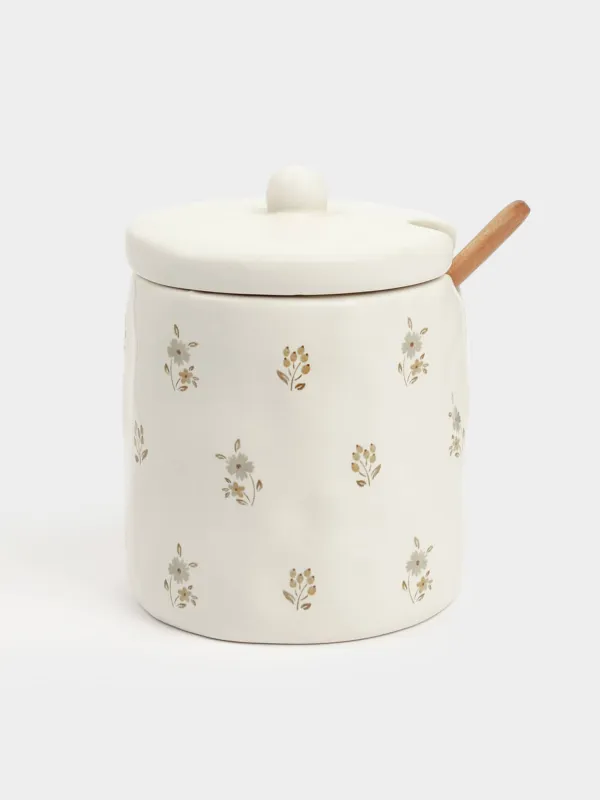 Сахарница, 12 см, 370 мл, с ложкой, керамика D/дерево, молочная, Винтажные цветы, La flore, image-0