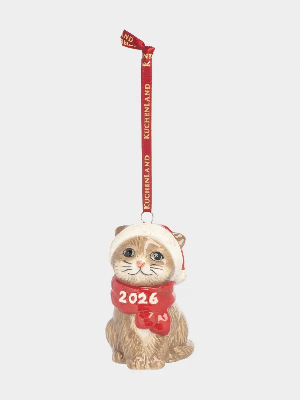 Игрушка елочная, 8 см, керамика, коричнево-красная, Кот в шарфе, Figure christmas, image-3