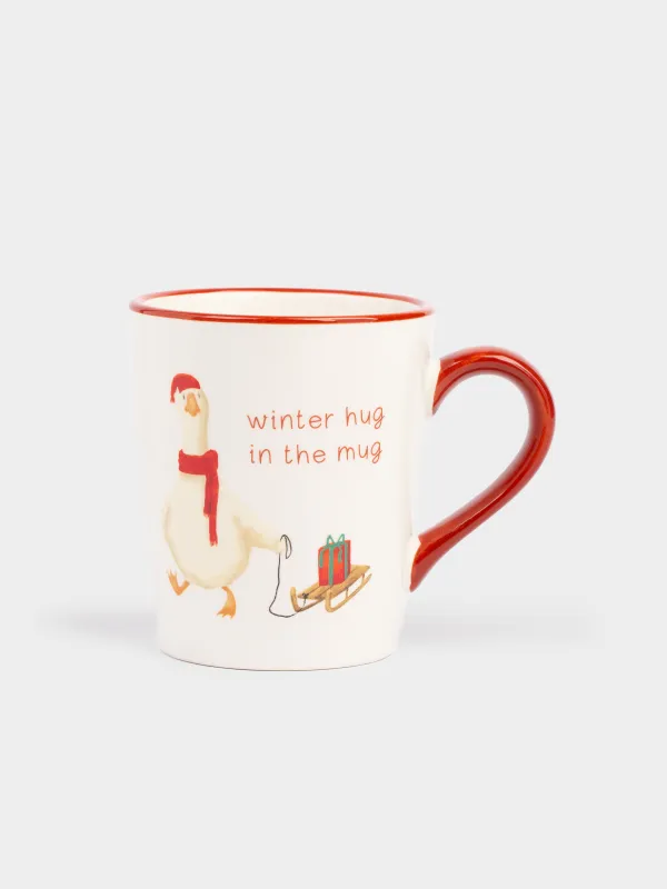 Кружка, 320 мл, керамика, бело-бордовая, Гусь с санками и подарком, Goose, image-0