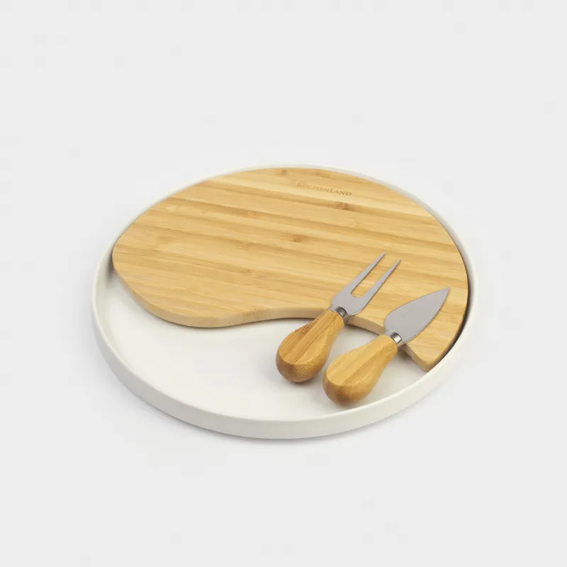 Ірімшікке арналған жинақ, 4 зат, тұғырығы бар тақтай-табақ, керамика/бамбук, Шеңбер, Cheese