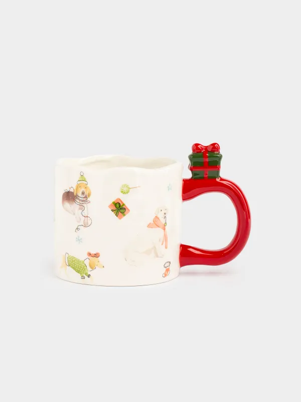Саптыаяқ, 350 мл, керамика, сүтті қызыл, Сыйлықтары бар иттер, Christmas dog, image-0