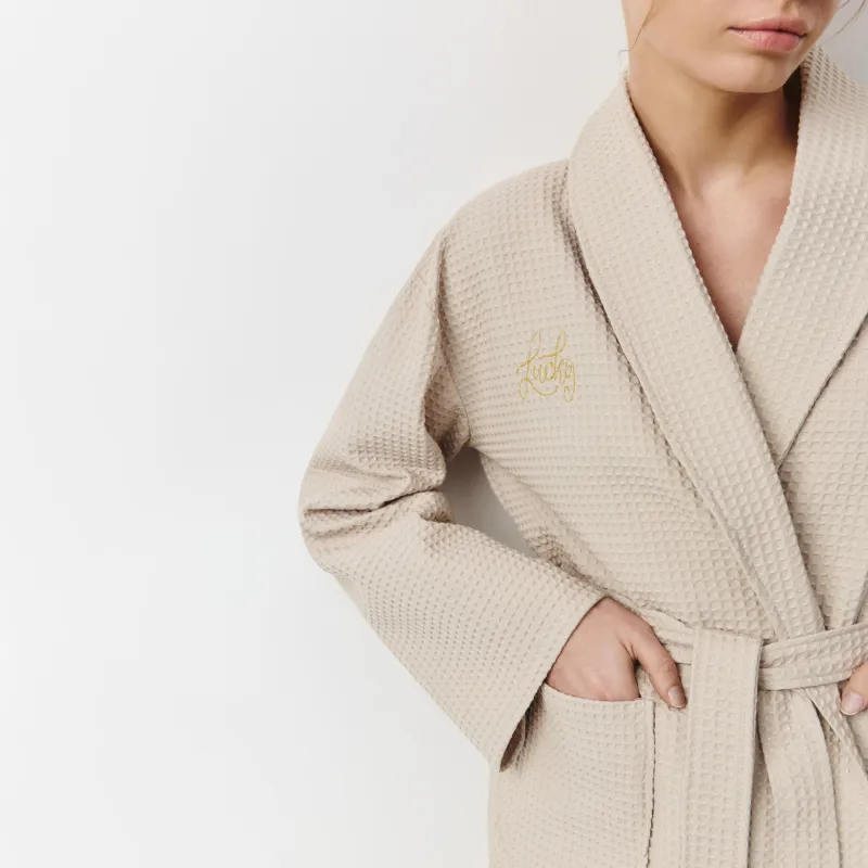 Әйелдер халаты, үйге арналған, өлшемі L, ұзын жеңді, вафельді, мақта, сүт түстес, Lucky, Stefani