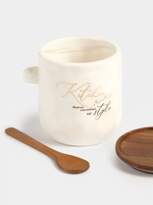 Сақтау ыдысы, 12х12 см, мл, қасығы бар, керамика/ағаш, Мыжылған әсер, Crumple kitchen, image-2