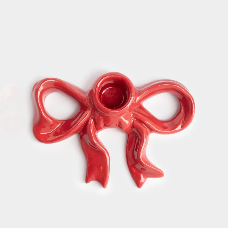 Шам ұстағыш, 13 см, жіңішке шамға арналған, керамика, қою қызыл, Бантик, Christmas traditions