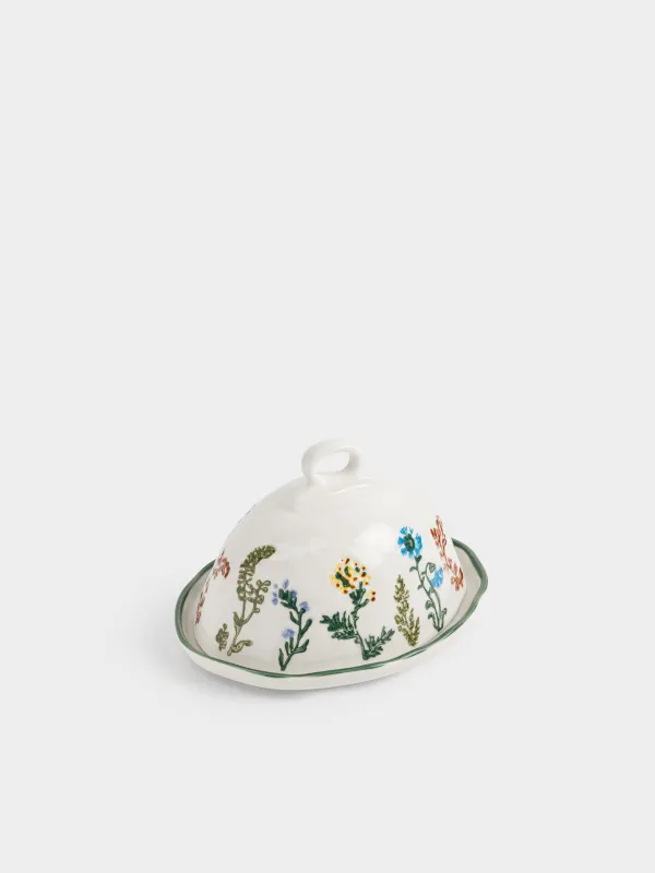 Сары май ыдысы, 19 см, фарфор N, сопақша, сүт түстес, Кракелюрдегі шалғынды гүлдер, Floral meadow, image-3