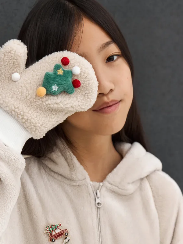 Варежки детские, единый размер, шерпа, бежевые, Елочки, Plush, image-7