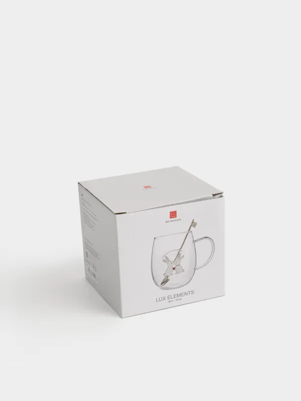 Кружка, 470 мл, с ложкой, стекло Б/металл, Белые кролики, Lux elements, image-4