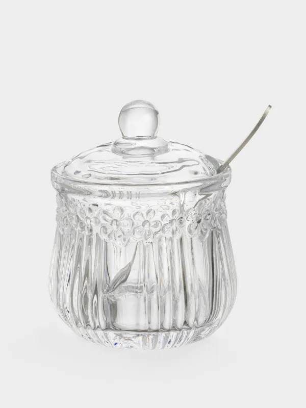 Қант ыдысы, 11 см, 350 мл, қасығы бар, шыны Р/металл, Гүлдер, Clear pattern, image-0