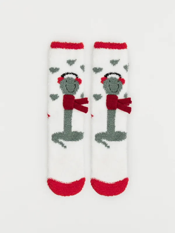 Носки женские, домашние, в коробке, полиэстер, молочные, Змея в наушниках, Merry, image-0