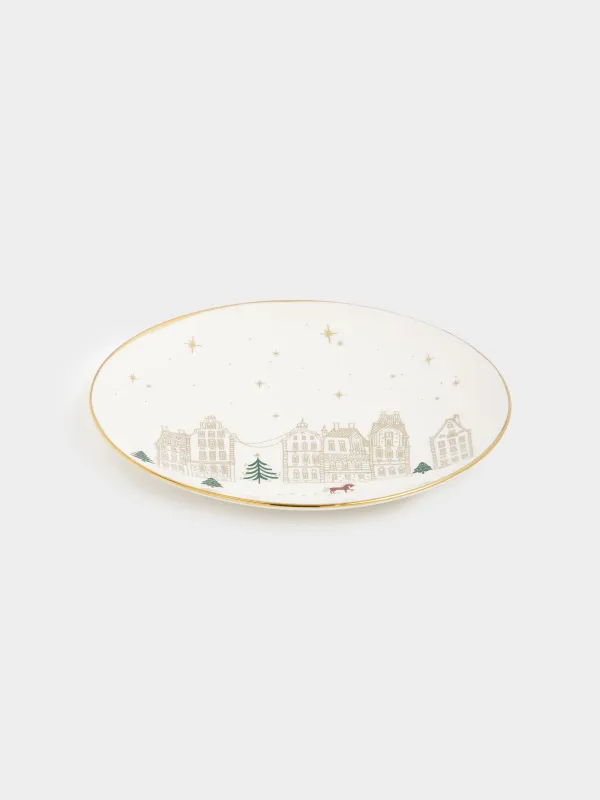 Тіскебасар тәрелкесі, 20 см, фарфор N, сүт және алтын түстес, Үйлер мен жылқы, Snow sparks, image-2