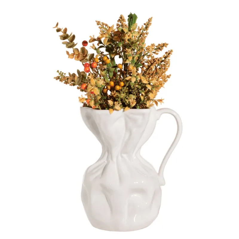 Гүл вазасы, 25 см, тұтқасы бар, керамика, АҚ, мыжылған әсер, Crumple, image-1