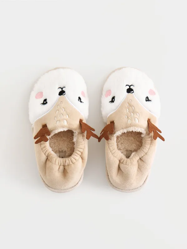 Тапочки детские, домашние, флис, бежево-белые, Олени, Generous, image-1