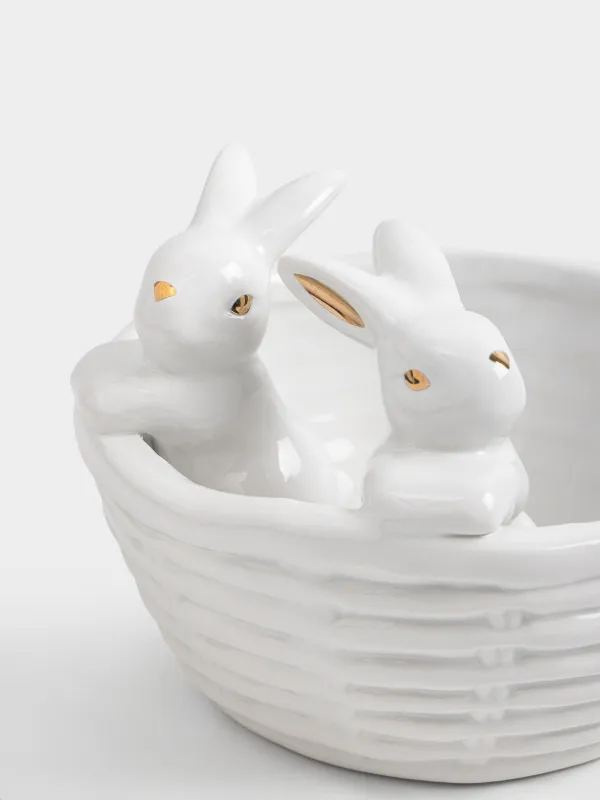 Кәмпит ыдысы, 14х12 см, 410 мл, керамика, сүт және алтын түстес, Себеттегі қояндар, Rabbit gold, image-2