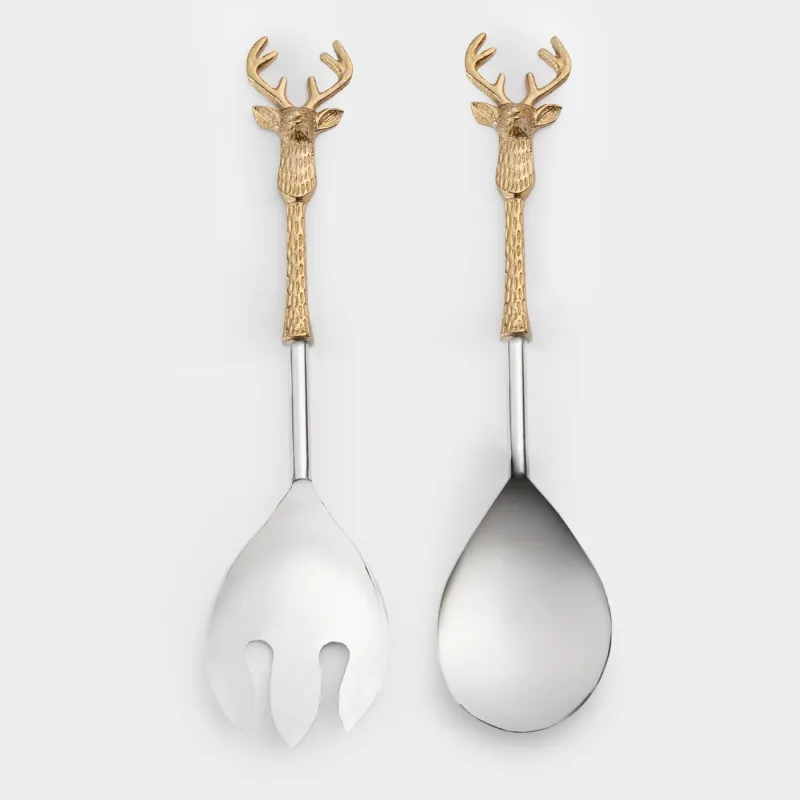 Салат ұсынуға арналған құрылдар, 26 см, 2 зат, қасық/шанышқы, металл, алтын, Бұғылар, Arctic deer