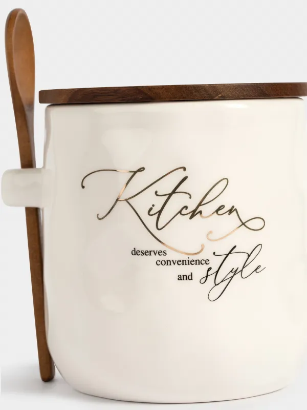 Сақтау ыдысы, 12х12 см, мл, қасығы бар, керамика/ағаш, Мыжылған әсер, Crumple kitchen, image-1