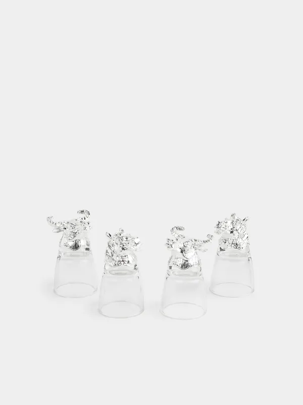 Араққа арналған десте, 50 мл, 4 дана, былғары қорапта, шыны/металл, Бұқа мен жылқы, Bar, image-0