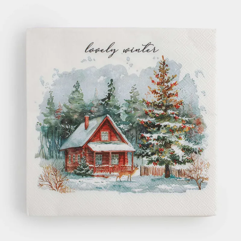 Салфетки бумажные, 33х33 см, 20 шт, квадратные, белые, Дом и олень, Winter house