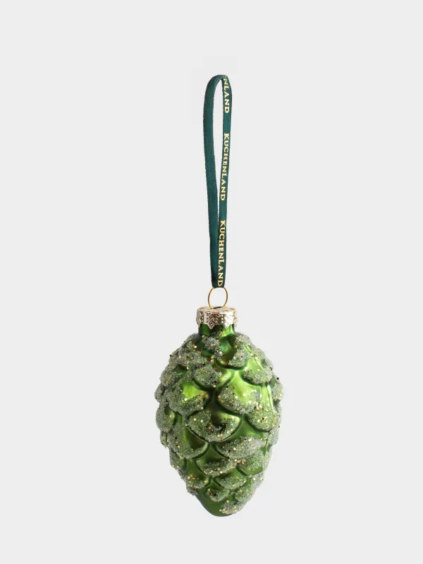 Игрушка елочная, 9 см, стекло, с блестками, зеленая, Шишка, Pine christmas, image-1