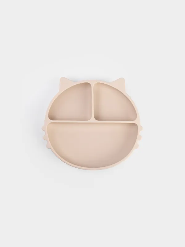 Түскі ас тәрелкесі, балаларға арналған, 19х20 см, 3 бөлік, сорғыштары бар, силикон, сарғылт-қоңыр, Мысық, Kiddy, image-0