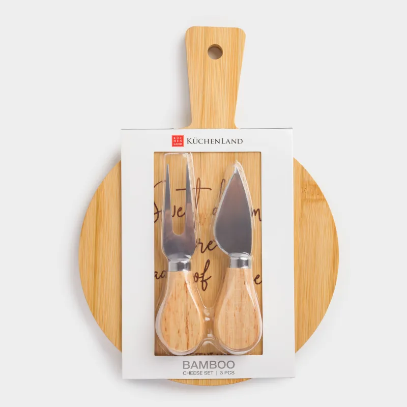 Ірімшікке арналған жиынтық, 3 зат, тақта-тұтқасы бар ыдыс, бамбук/болат, дөңгелек, Cheese, bamboo, image-5