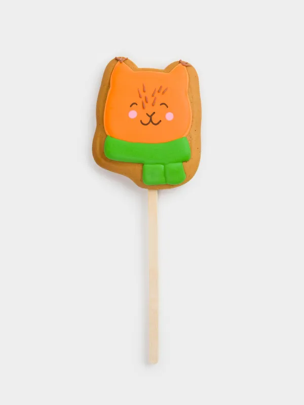 Пряник, 40 гр, глазированный, имбирный, на палочке, оранжево-зеленый, Белочка в шарфе, Prani, image-0