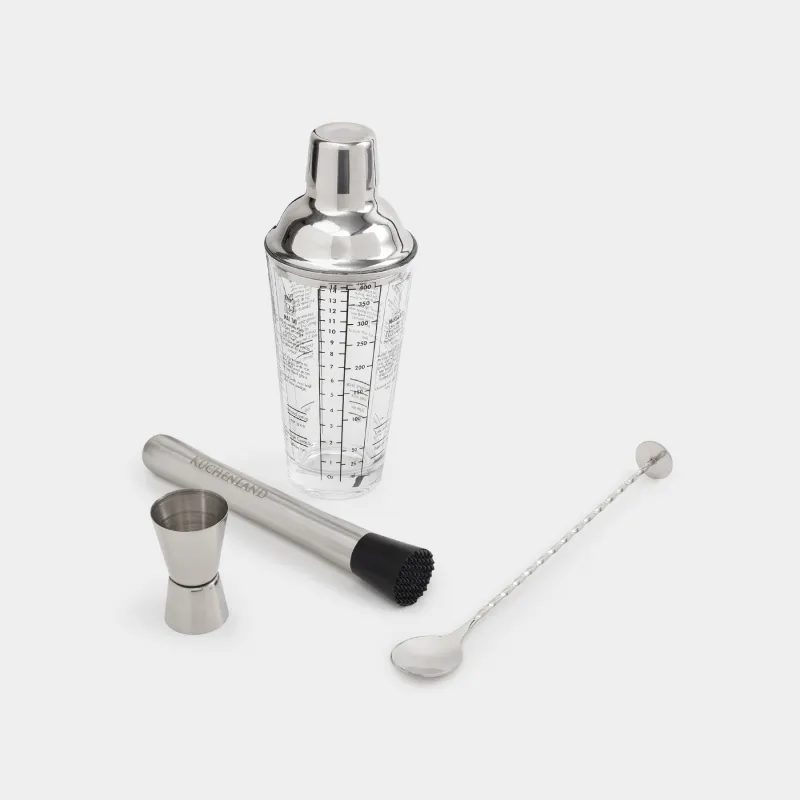 Набор для приготовления коктейлей, 4 пр, шейкер/джиггер/барная ложка/мадлер, стекло/сталь, Bar
