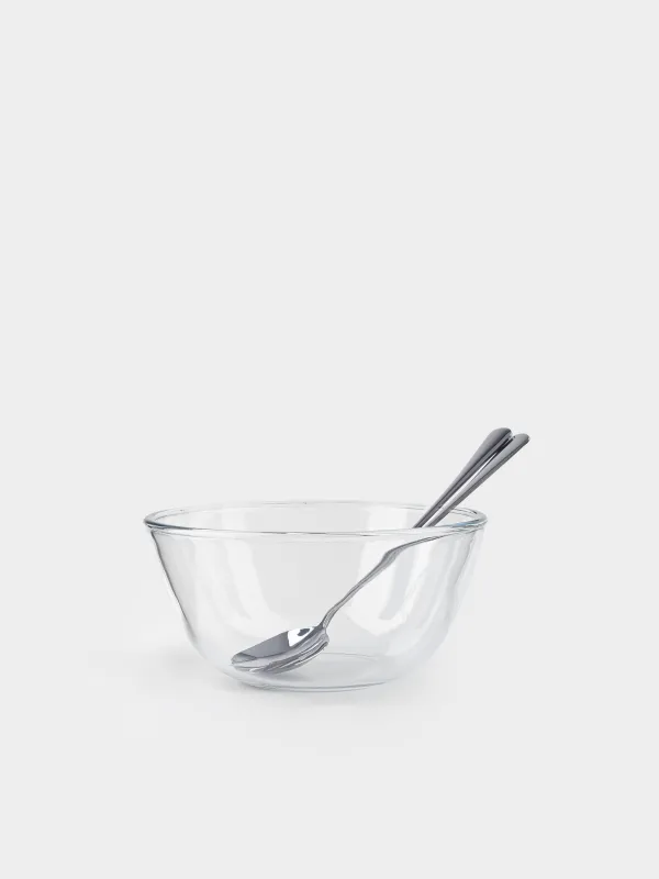 Салат ыдысы, 23 см, 2,7 л, 3 зат, қасық/шанышқымен, шыны Б/болат, Clear, image-0