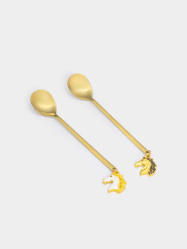 Десерт қасығы, 14 см, 2 дана, болат, алтын, Жылқы, Horse gold, image-1