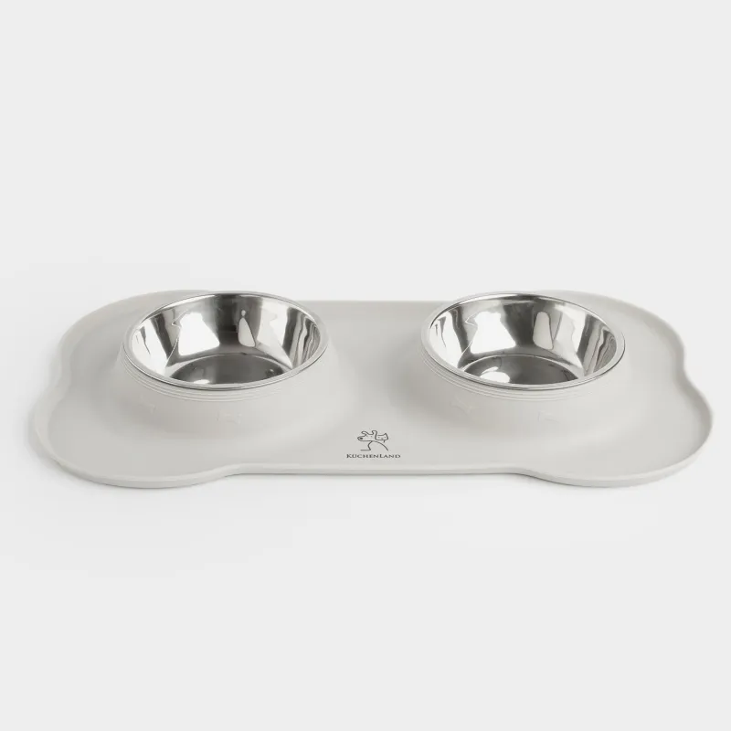 Миска для животных, 44х26 см, 370 мл, двойная, на подставке, сталь/силикон, серая, Favorite pet