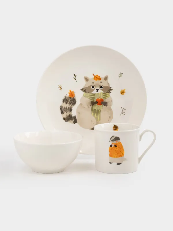 Ыдыс-аяқ жинағы, балаларға арналған, 1 адам, 3 зат, фарфор N, ақ, Жануарлар мен жапырақтар, Forest animals, image-0