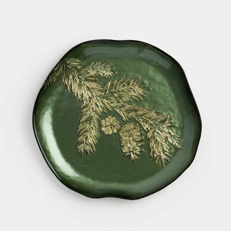 Блюдо, 21х2 см, стекло, зеленое, Еловая ветка, Brumal