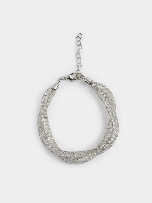 Білезік, 24 см, қос, металл/страздар, күміс, Тоқыма, Jewelry, image-0