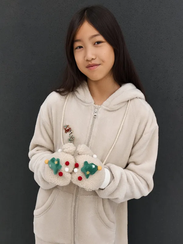 Варежки детские, единый размер, шерпа, бежевые, Елочки, Plush, image-4