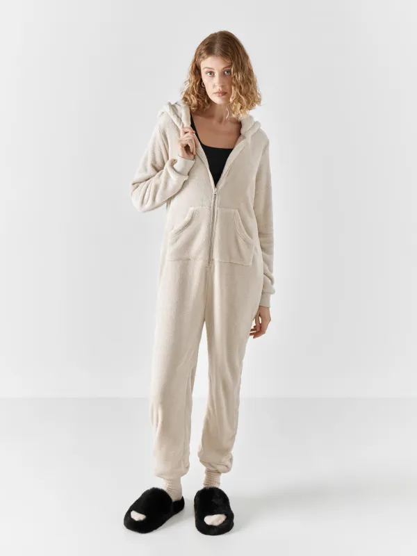 Әйелдер комбинезоны, үйге арналған, өлшемі S, капюшоны бар, флис, сұр, Мысық, Annie, image-0