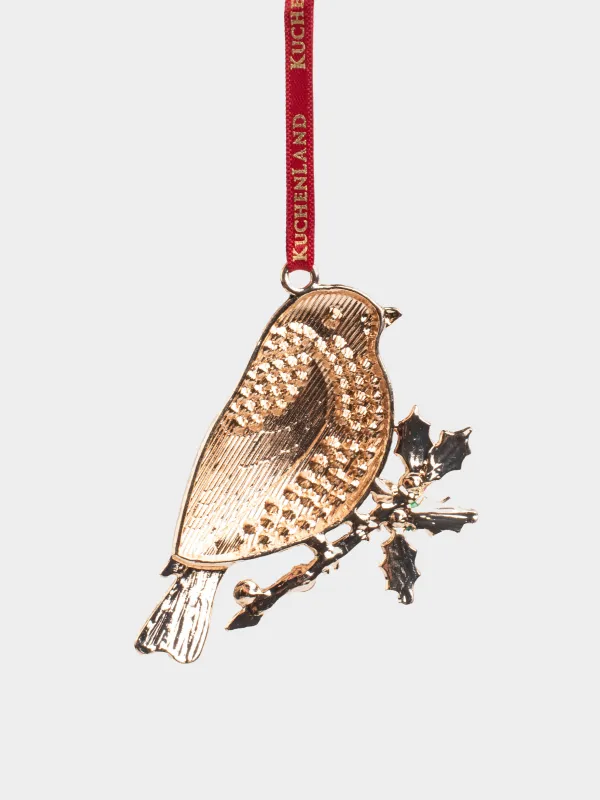 Игрушка елочная, 8 см, металл/стразы, зелено-красная, Снегирь на ветке, Figure christmas, image-1