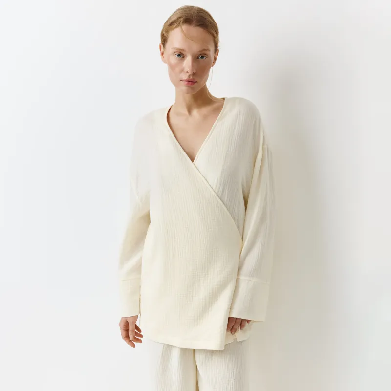 Әйелдер жейдесі, үйге арналған, өлшемі L, ұзын жеңді, қаусырмалы, муслин, сүт түстес, Allison