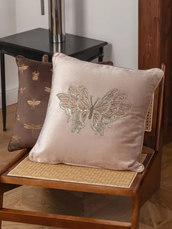 Подушка декоративная, 50х50 см, вельвет/бисер, бежевая, Бабочка, Bugs, image-2