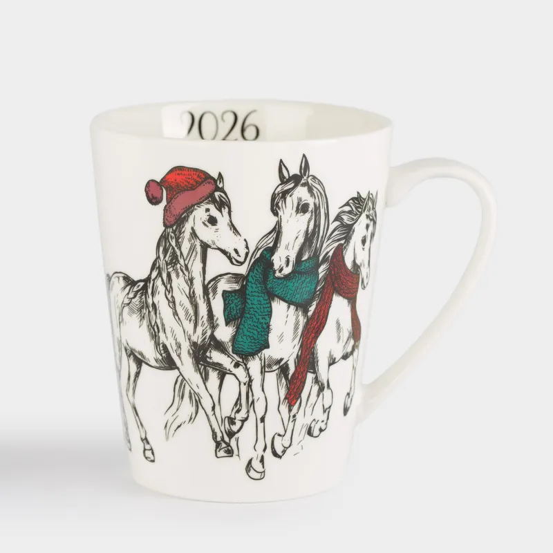Саптыаяқ, 420 мл, фарфор N, ақ, Шарф пен қалпақ киген жылқылар, Horse trio