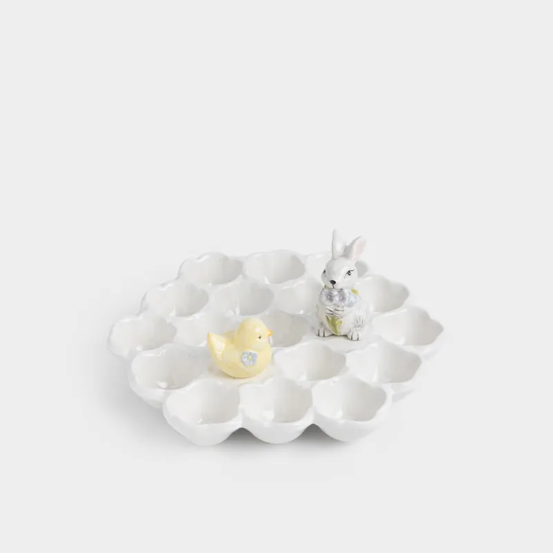 Пасха ыдысы, 27x12 см, 17 бөлім, керамика, сүт түстес, Гүлдер арасындағы қоян мен балапан, Easter