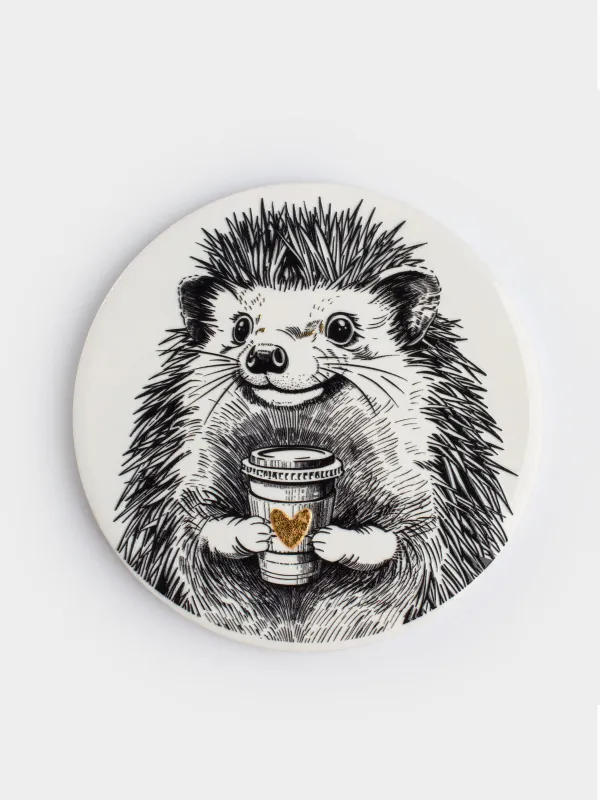 Саптыаяқ тұғыры, 11 см, дөңгелек, керамика/тығын, ақ, Кофесі бар кірпі, Forest animals, image-0