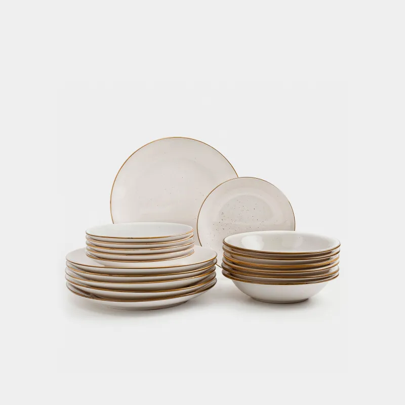 Ас сервизі, 6 адам, 18 зат, керамика, сүт түстес, дақтары бар, Roxas